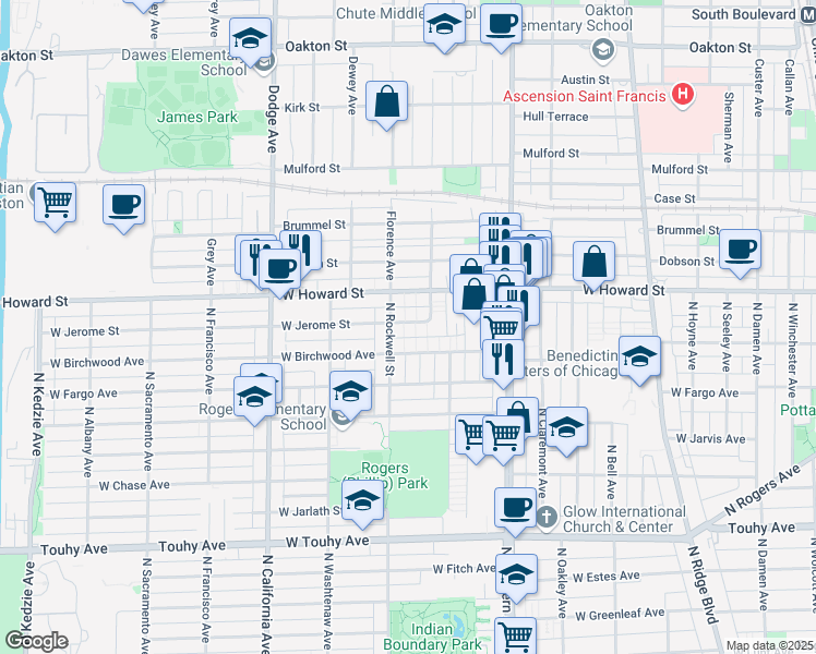 map of restaurants, bars, coffee shops, grocery stores, and more near 2544 West Birchwood Avenue in Chicago
