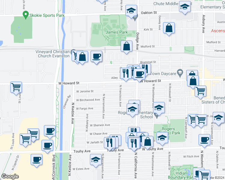 map of restaurants, bars, coffee shops, grocery stores, and more near 2937 West Jerome Street in Chicago