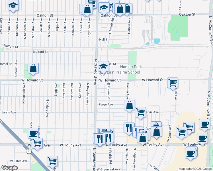 map of restaurants, bars, coffee shops, grocery stores, and more near 3923 Jerome Street in Skokie