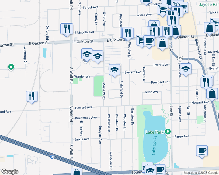 map of restaurants, bars, coffee shops, grocery stores, and more near 815 Nebel Lane in Des Plaines