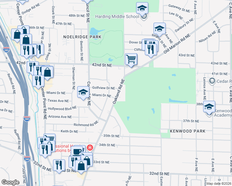 map of restaurants, bars, coffee shops, grocery stores, and more near 1400 Miami Drive Northeast in Cedar Rapids