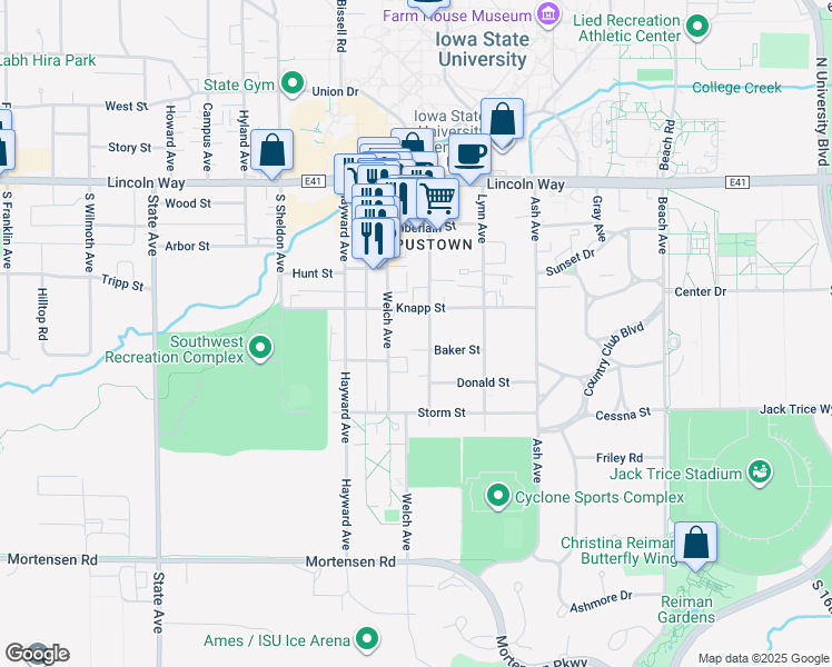 map of restaurants, bars, coffee shops, grocery stores, and more near 432 Welch Avenue in Ames