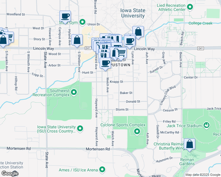 map of restaurants, bars, coffee shops, grocery stores, and more near 432 Welch Avenue in Ames