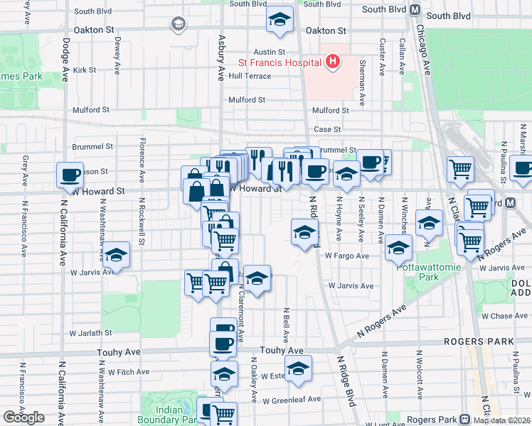 map of restaurants, bars, coffee shops, grocery stores, and more near 7533 North Oakley Avenue in Chicago
