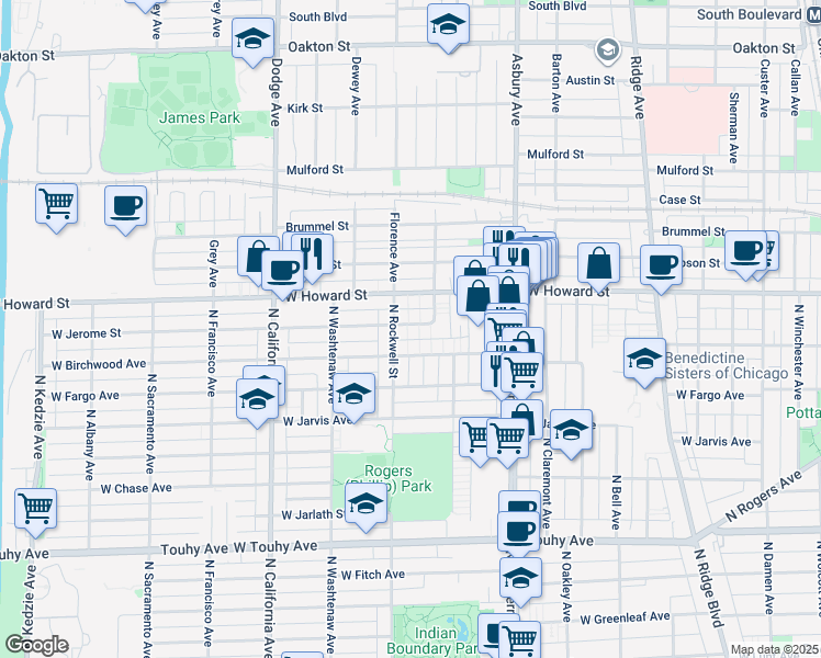 map of restaurants, bars, coffee shops, grocery stores, and more near 2544 West Birchwood Avenue in Chicago