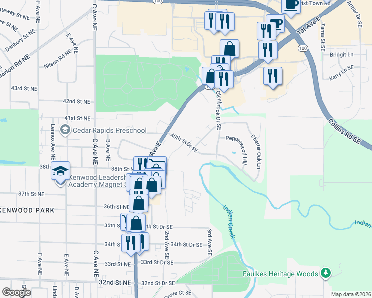 map of restaurants, bars, coffee shops, grocery stores, and more near 205 40th Street Drive Southeast in Cedar Rapids