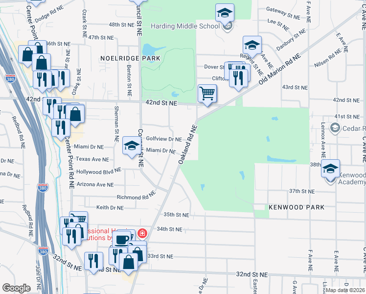 map of restaurants, bars, coffee shops, grocery stores, and more near 1400 Miami Drive Northeast in Cedar Rapids