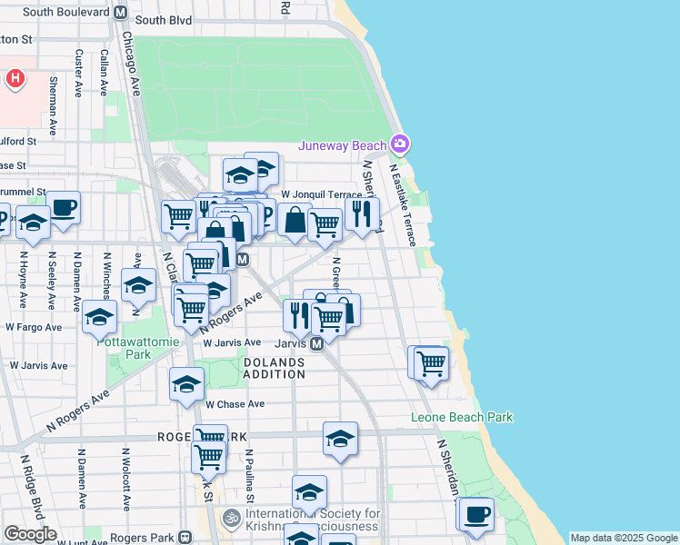 map of restaurants, bars, coffee shops, grocery stores, and more near 1443 West Birchwood Avenue in Chicago