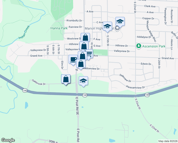 map of restaurants, bars, coffee shops, grocery stores, and more near 1190 South 12th Street in Marion