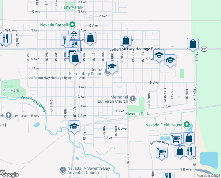 map of restaurants, bars, coffee shops, grocery stores, and more near 724 10th Street in Nevada