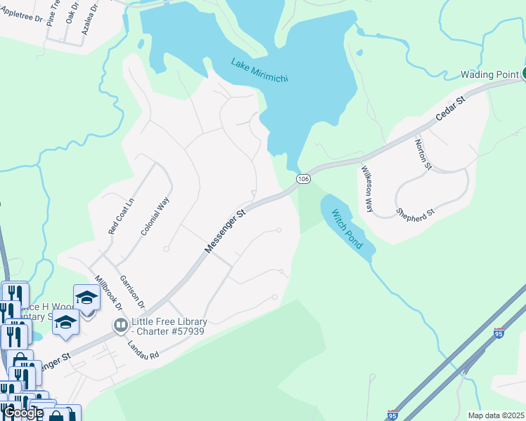 map of restaurants, bars, coffee shops, grocery stores, and more near 119 Messenger Street in Plainville
