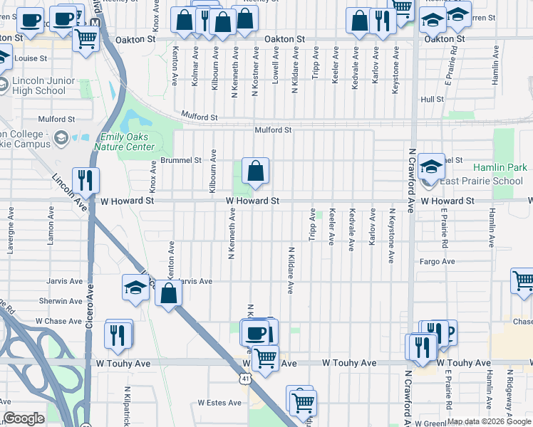 map of restaurants, bars, coffee shops, grocery stores, and more near 7525 Lowell Avenue in Skokie