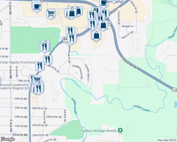 map of restaurants, bars, coffee shops, grocery stores, and more near 4080 Charter Oak Lane in Cedar Rapids
