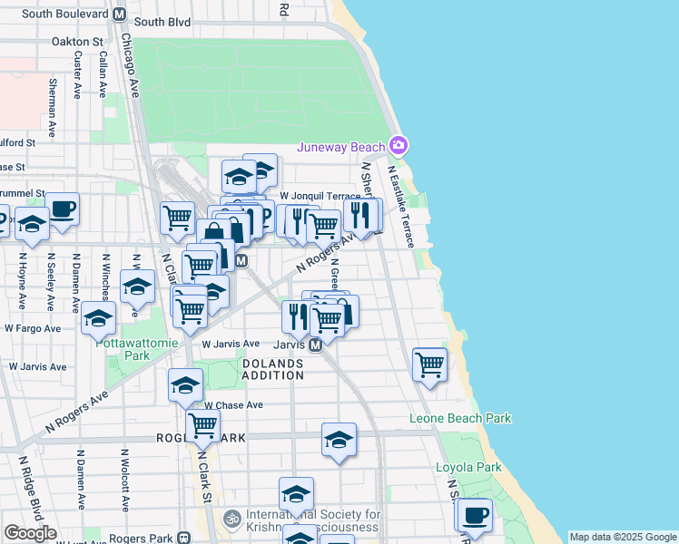 map of restaurants, bars, coffee shops, grocery stores, and more near 1443 West Birchwood Avenue in Chicago