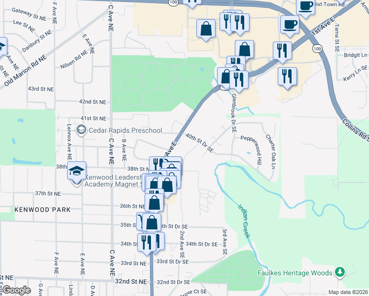 map of restaurants, bars, coffee shops, grocery stores, and more near 3901 1st Avenue Southeast in Cedar Rapids