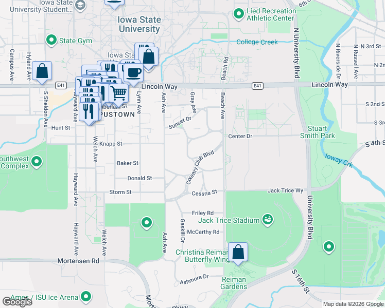 map of restaurants, bars, coffee shops, grocery stores, and more near 2103 Country Club Boulevard in Ames