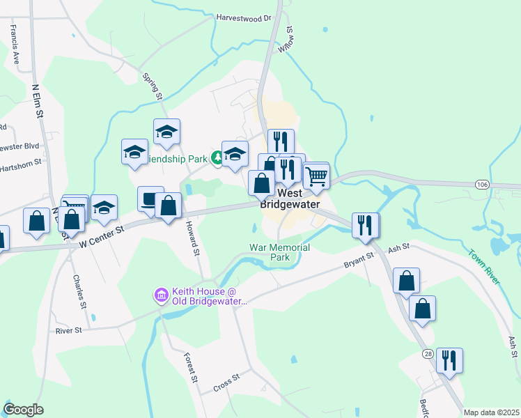 map of restaurants, bars, coffee shops, grocery stores, and more near 34 West Center Street in West Bridgewater