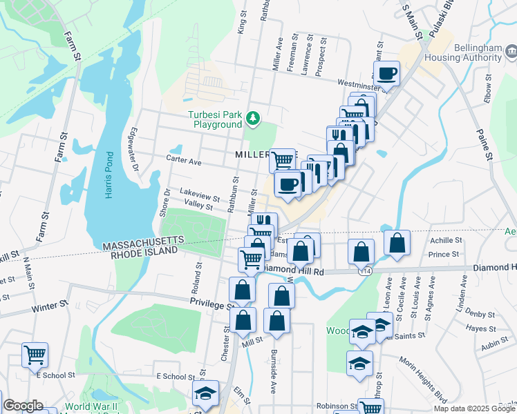 map of restaurants, bars, coffee shops, grocery stores, and more near 15 Miller Street in Blackstone