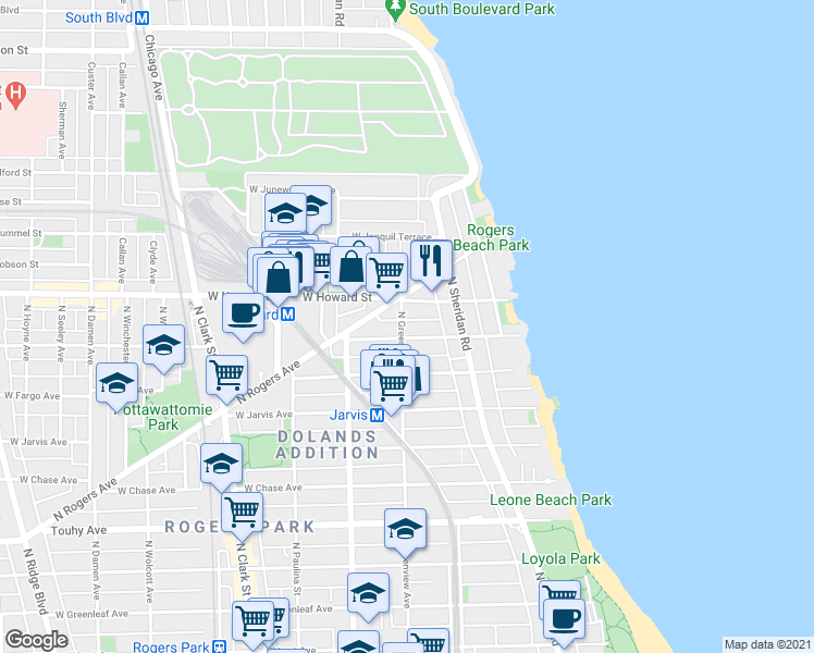 map of restaurants, bars, coffee shops, grocery stores, and more near 1443 West Birchwood Avenue in Chicago