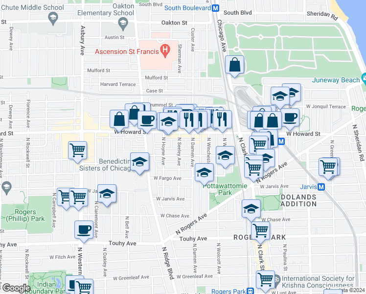 map of restaurants, bars, coffee shops, grocery stores, and more near 2012 West Birchwood Avenue in Chicago