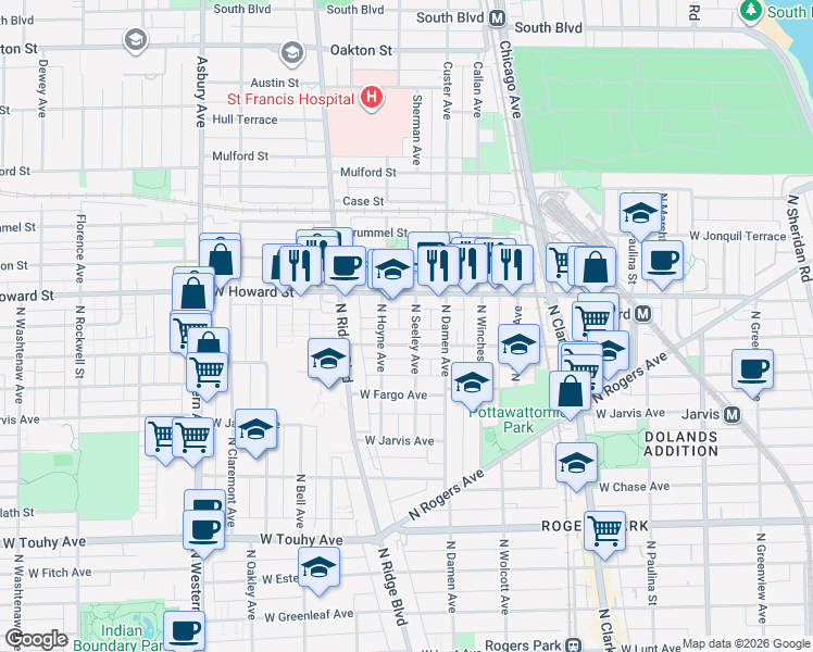 map of restaurants, bars, coffee shops, grocery stores, and more near 2050 West Birchwood Avenue in Chicago