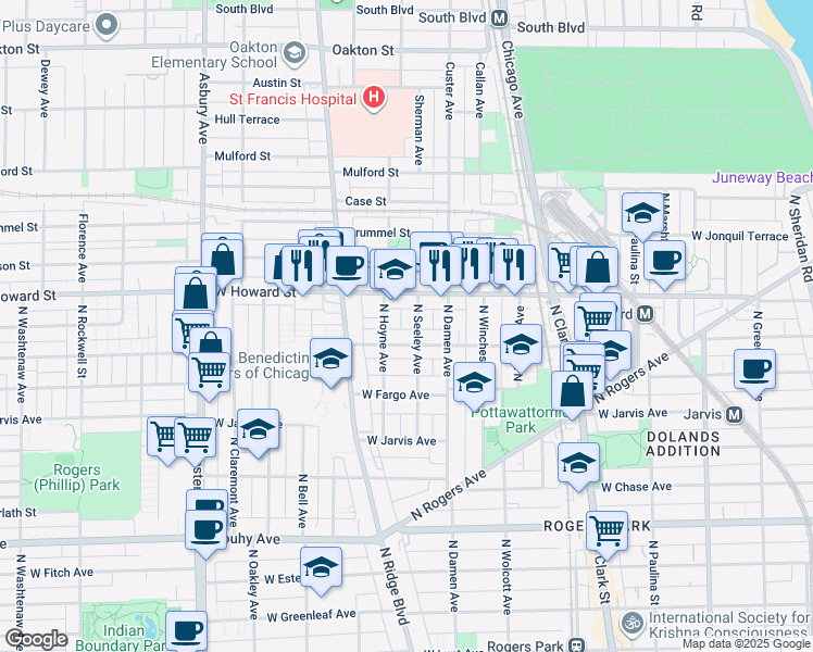 map of restaurants, bars, coffee shops, grocery stores, and more near 2050 West Birchwood Avenue in Chicago