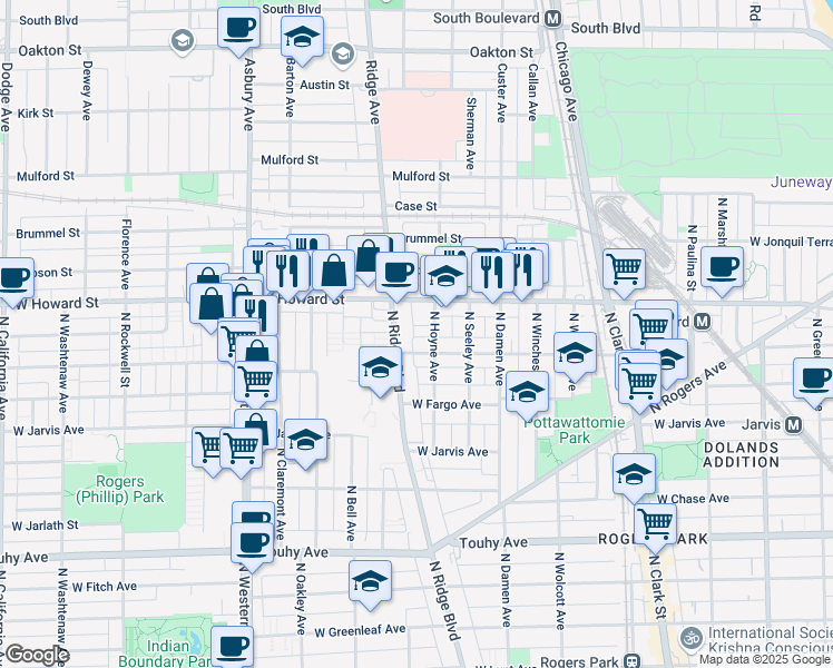 map of restaurants, bars, coffee shops, grocery stores, and more near 7501 North Ridge Boulevard in Chicago