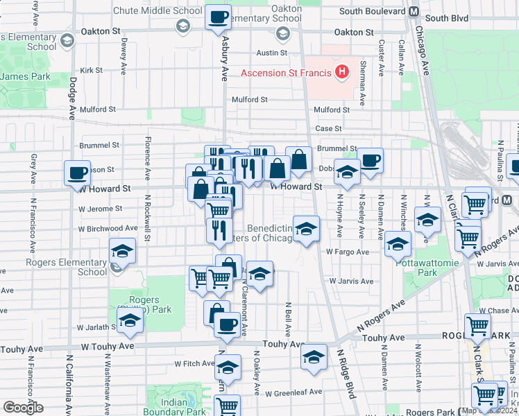 map of restaurants, bars, coffee shops, grocery stores, and more near 7515 North Claremont Avenue in Chicago