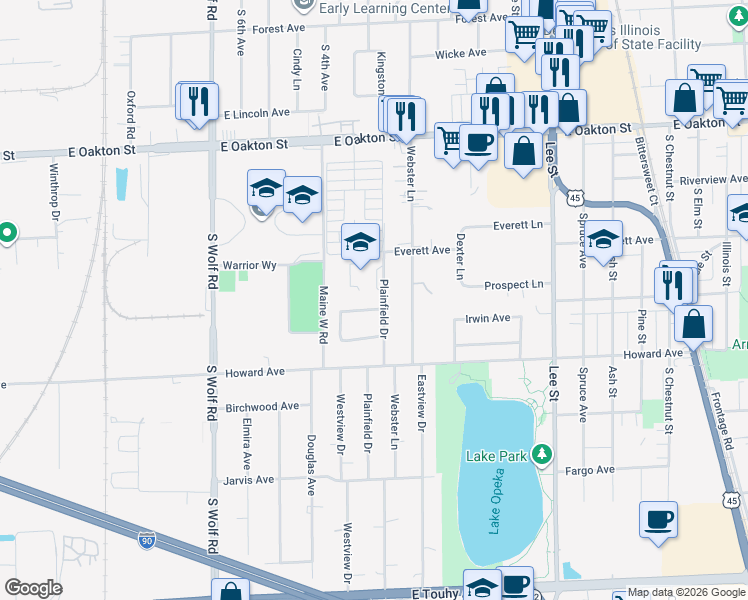 map of restaurants, bars, coffee shops, grocery stores, and more near 1915 Plainfield Drive in Des Plaines