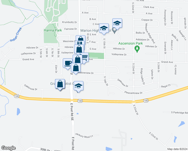 map of restaurants, bars, coffee shops, grocery stores, and more near 1280 Daleview Drive in Marion