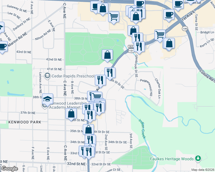 map of restaurants, bars, coffee shops, grocery stores, and more near 3901 1st Avenue Southeast in Cedar Rapids