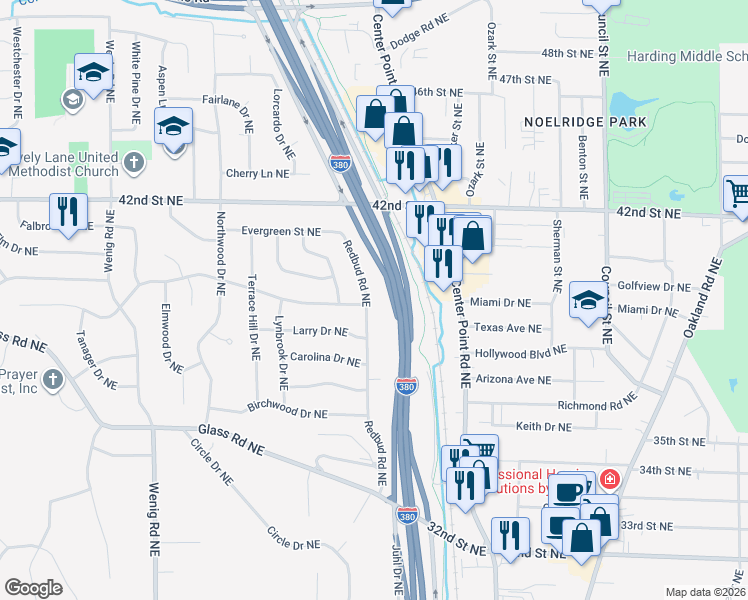 map of restaurants, bars, coffee shops, grocery stores, and more near 3750 Redbud Road Northeast in Cedar Rapids