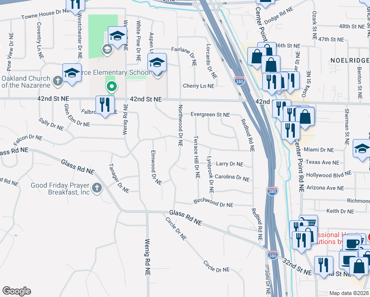 map of restaurants, bars, coffee shops, grocery stores, and more near 3747-3801 Terrace Hill Drive Northeast in Cedar Rapids