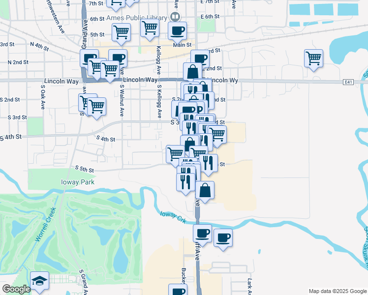 map of restaurants, bars, coffee shops, grocery stores, and more near 431 South Duff Avenue in Ames