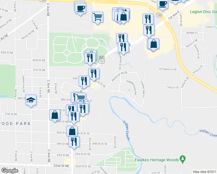 map of restaurants, bars, coffee shops, grocery stores, and more near 4003 Westover Road Southeast in Cedar Rapids