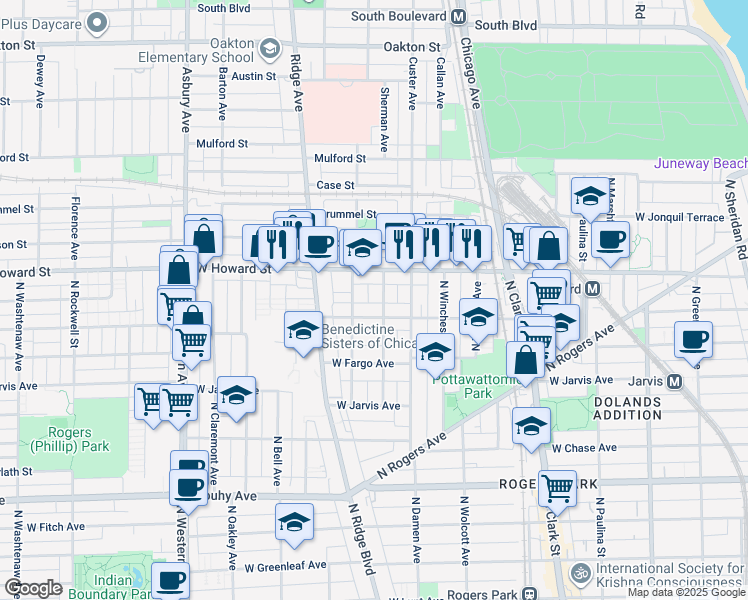 map of restaurants, bars, coffee shops, grocery stores, and more near 2050 West Birchwood Avenue in Chicago