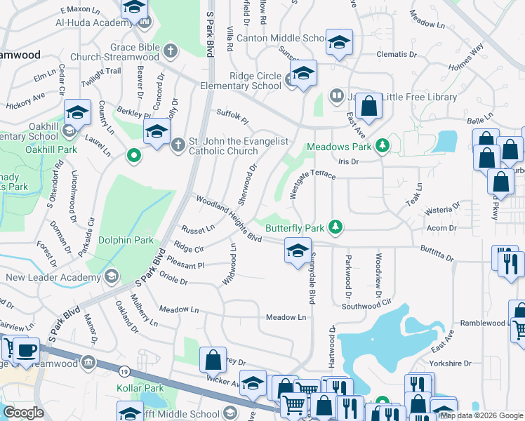 map of restaurants, bars, coffee shops, grocery stores, and more near 543 Ridge Circle in Streamwood