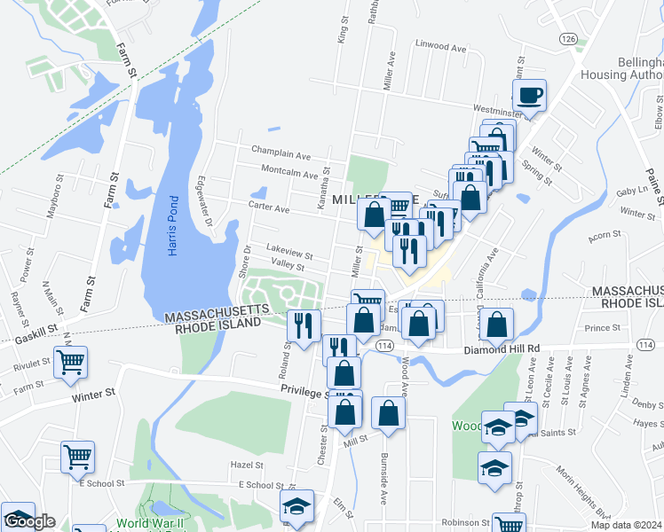 map of restaurants, bars, coffee shops, grocery stores, and more near 2 Richmond Street in Blackstone