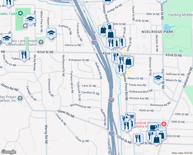 map of restaurants, bars, coffee shops, grocery stores, and more near 2059 Brookland Dr NE in Cedar Rapids