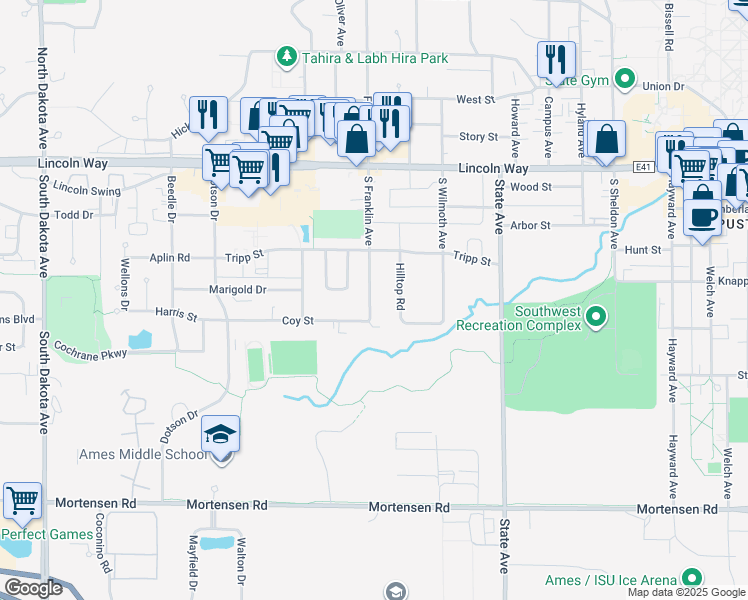 map of restaurants, bars, coffee shops, grocery stores, and more near 408 South Franklin Avenue in Ames