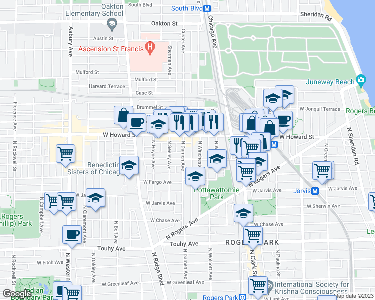 map of restaurants, bars, coffee shops, grocery stores, and more near 1948 West Birchwood Avenue in Chicago
