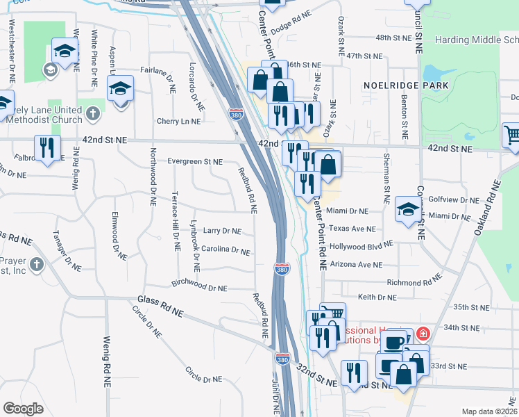 map of restaurants, bars, coffee shops, grocery stores, and more near 3750 Redbud Road Northeast in Cedar Rapids