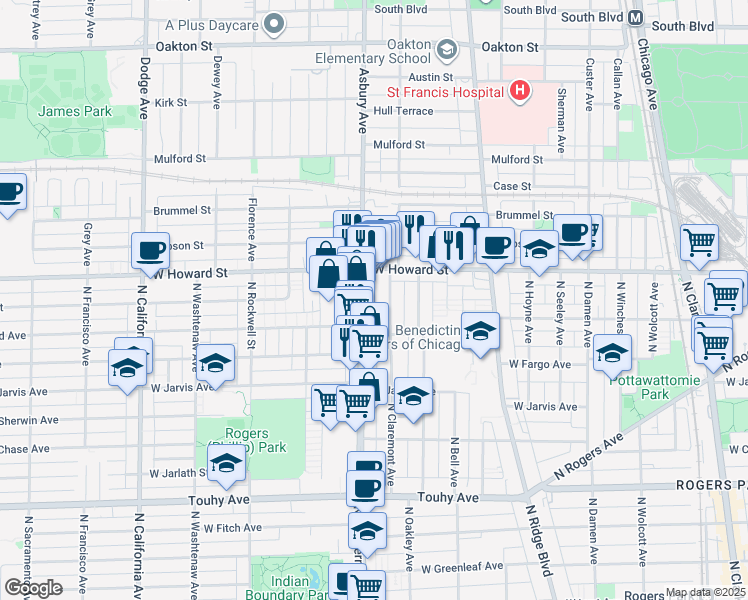 map of restaurants, bars, coffee shops, grocery stores, and more near 7517 North Western Avenue in Chicago