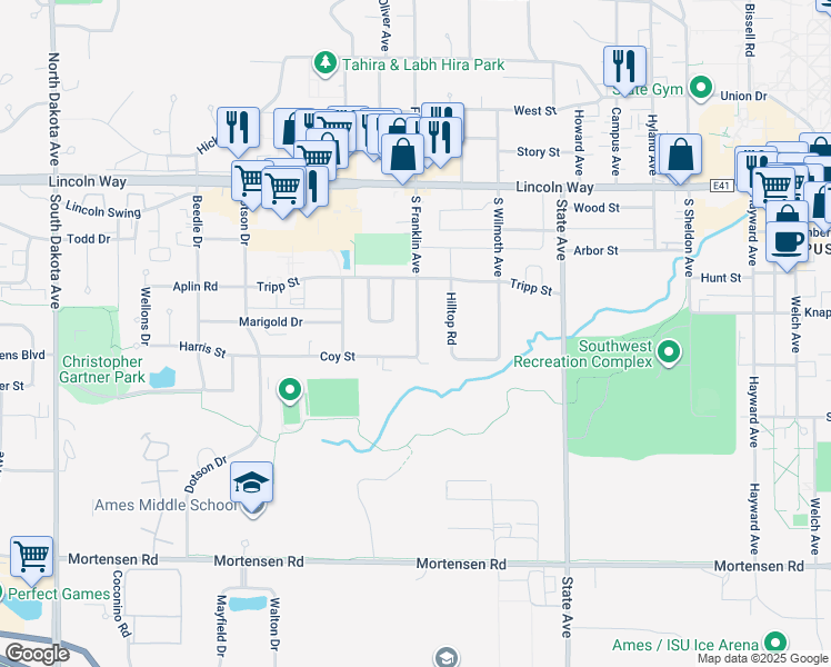 map of restaurants, bars, coffee shops, grocery stores, and more near 408 South Franklin Avenue in Ames