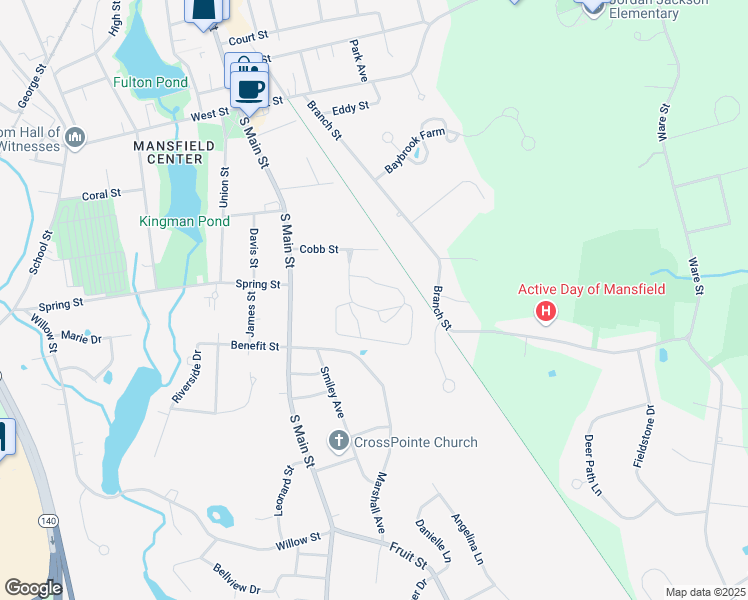 map of restaurants, bars, coffee shops, grocery stores, and more near 25 Cobb Street in Mansfield