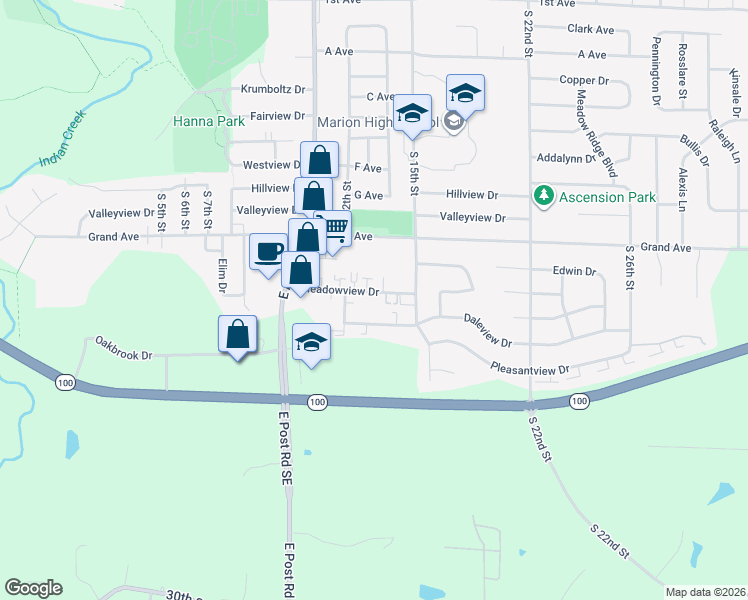map of restaurants, bars, coffee shops, grocery stores, and more near 1385 Meadowview Drive in Marion