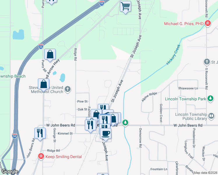 map of restaurants, bars, coffee shops, grocery stores, and more near 5519 East Karen Court in Stevensville