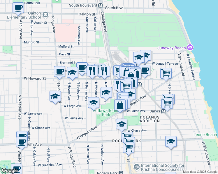 map of restaurants, bars, coffee shops, grocery stores, and more near 1832 West Birchwood Avenue in Chicago
