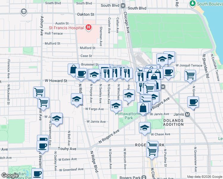 map of restaurants, bars, coffee shops, grocery stores, and more near 7523 North Damen Avenue in Chicago