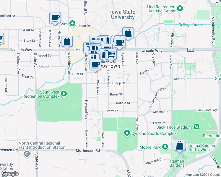 map of restaurants, bars, coffee shops, grocery stores, and more near 414 Stanton Avenue in Ames